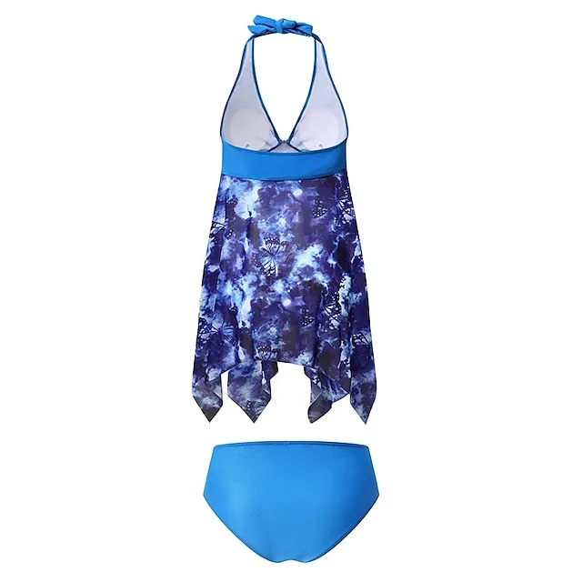Women's Swimwear Tankini Swim Dress 2 Piece Plus Size Swimsuit Halter 2 Piece Modest Swimwear Push Up Open Back Floral Print Blue Halter V Wire Bathing Suits New Vacation Beach Wear