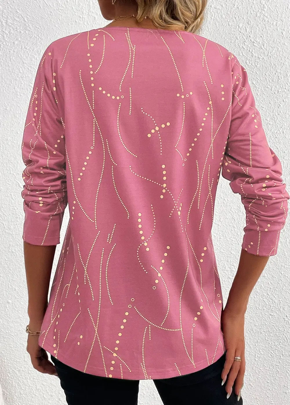 Pink Button Geometric Print Long Sleeve T Shirt