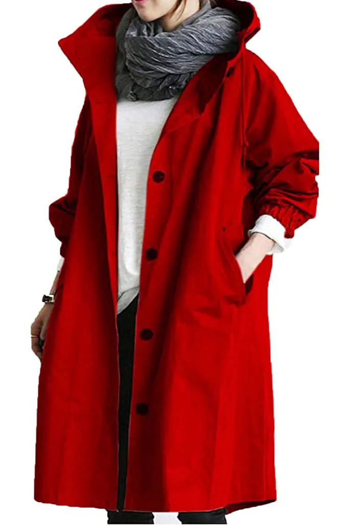 Solid Single Breasted Buttons Hooded Trench Coat