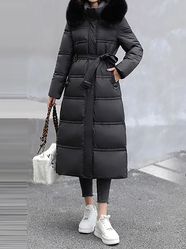 Women's Winter Coat Long Puffer Jacket Warm Parka with Removable Faux Fur Collar Windproof Jacket with Belt Zipper Heated Hoodie Jacket Outerwear Long Sleeve