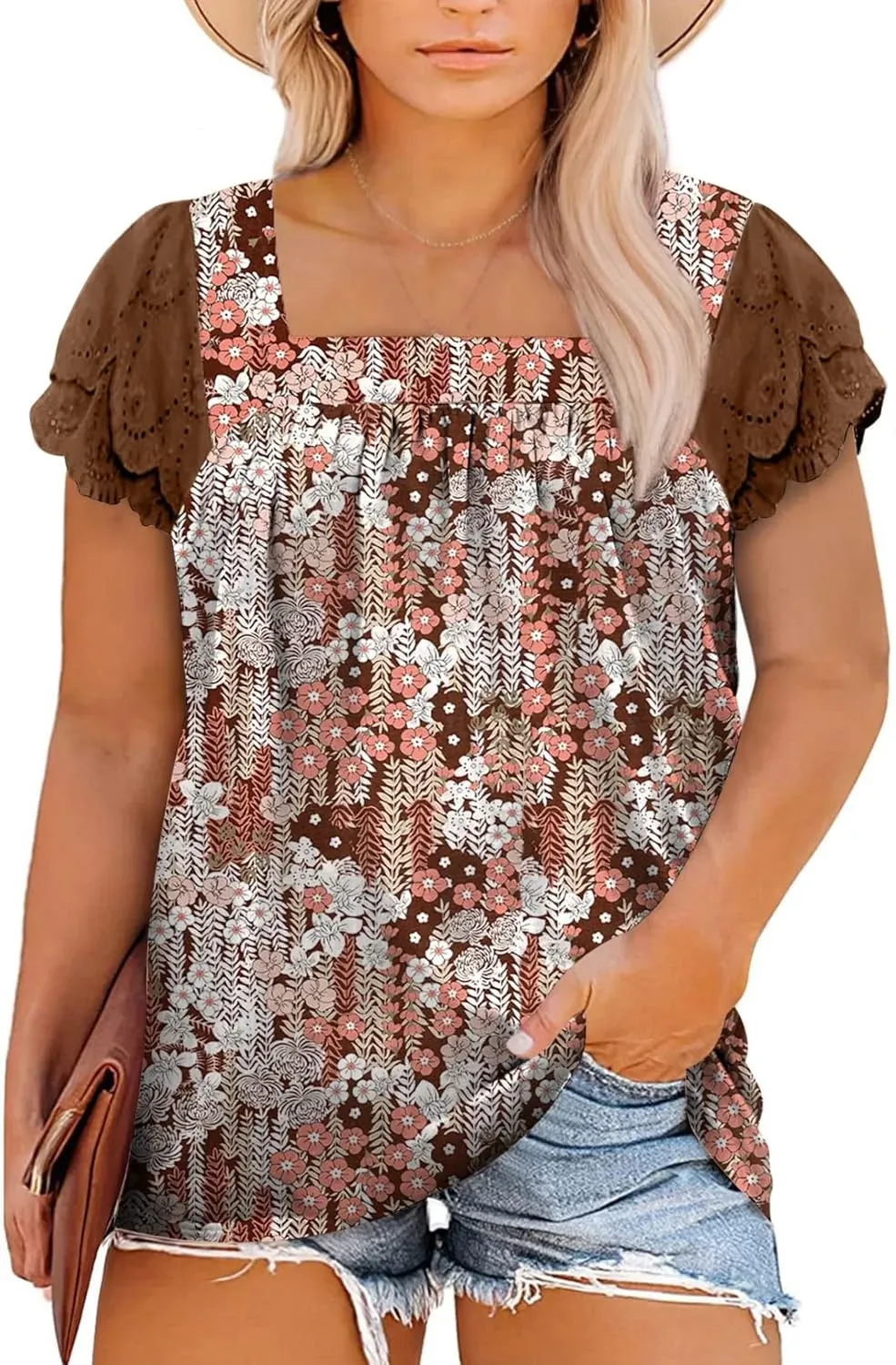 Eytino Womens Plus Size Tops Ruffle Short Sleeve Square Neck Summer Loose Casual Tee Shirts(1X-5X)