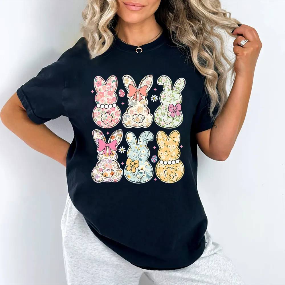 T-shirt Flower Bunny Women Printed Round Neck Short Sleeve