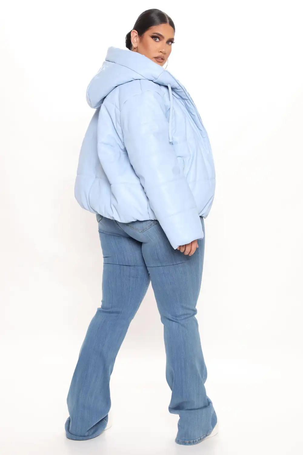 Fashion Finds Faux Leather Puffer Jacket - Light Blue