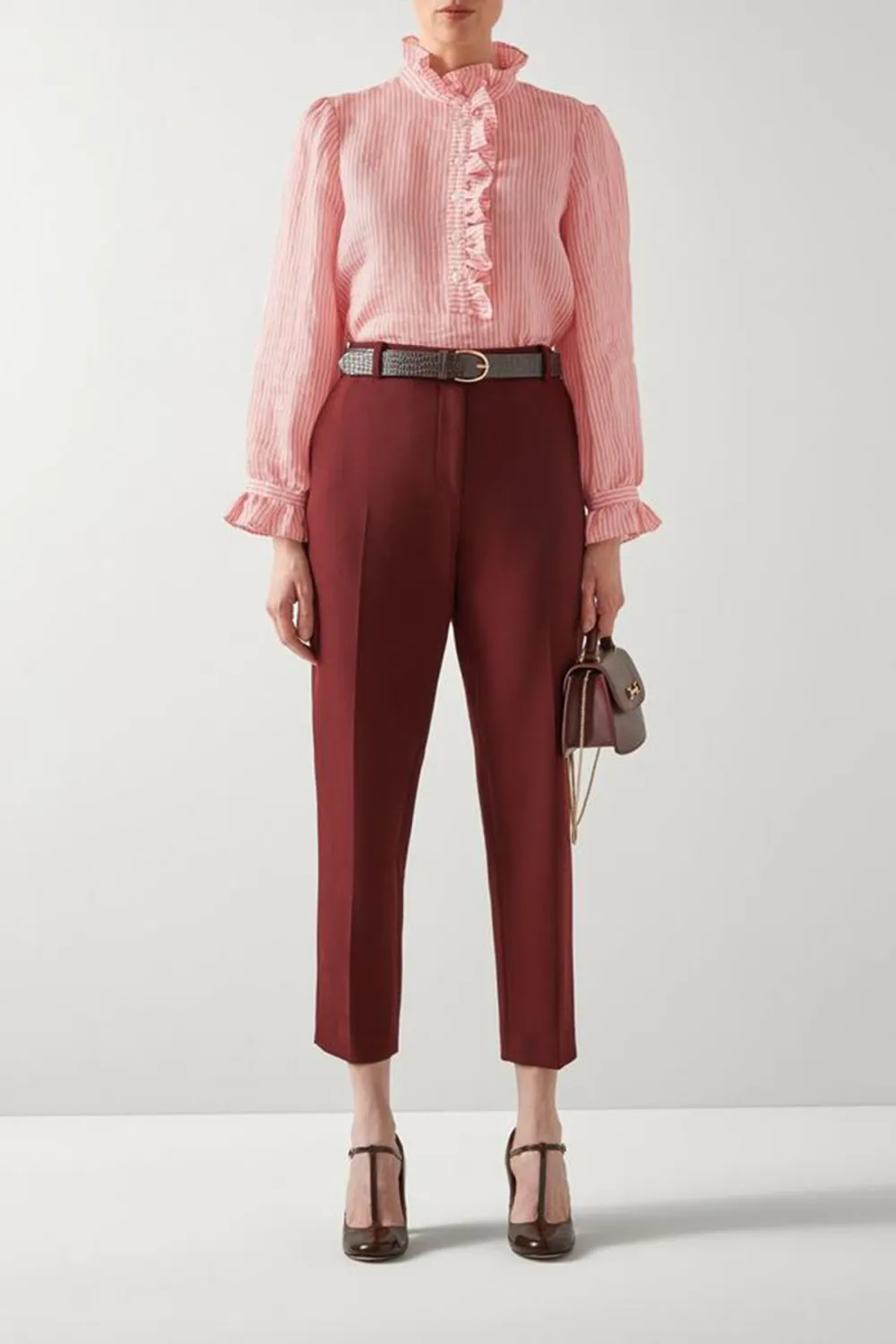 Pink Striped Ruffle Trim Button Down Shirt