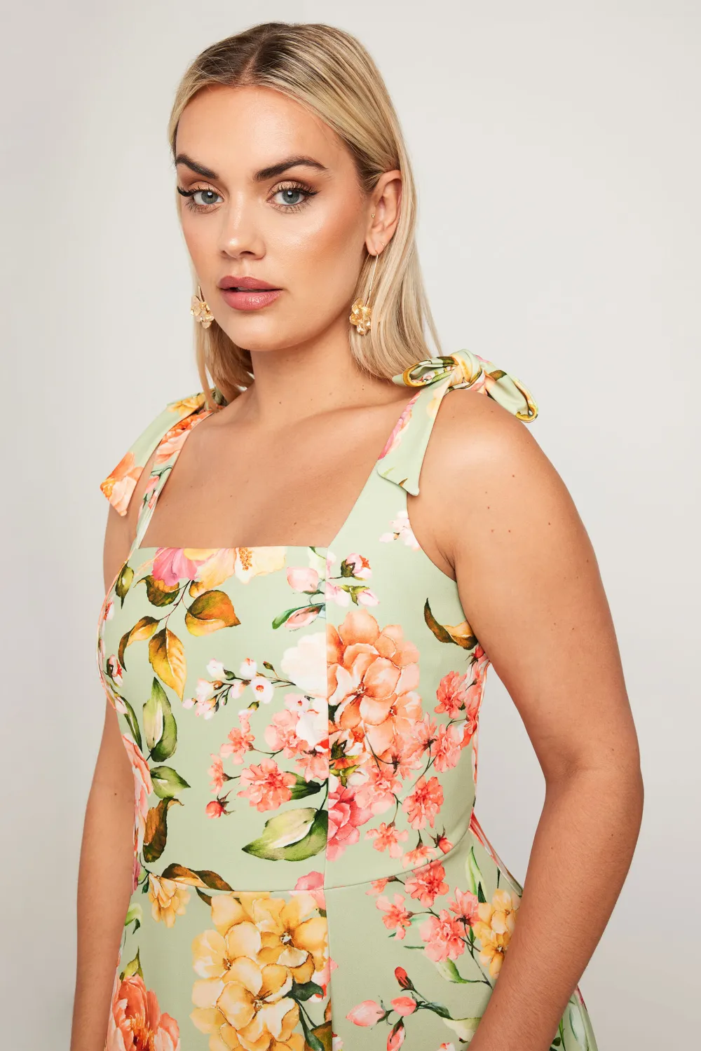 YOURS Curve Green Floral Print Bow Strap Midaxi Dress