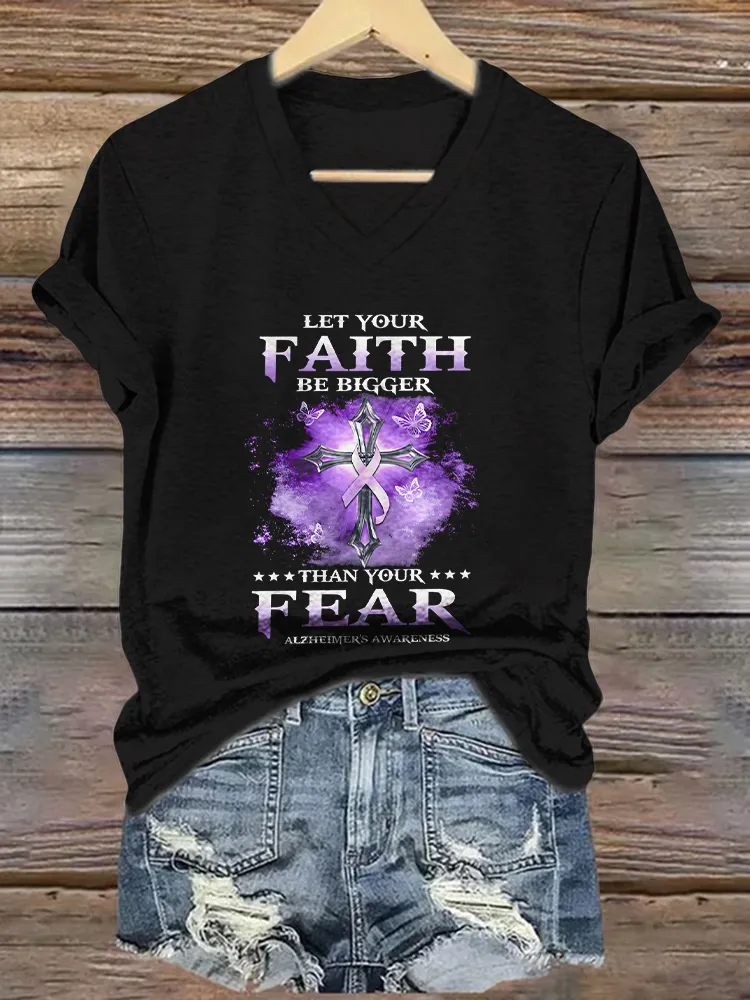 Women'S  Let Your Faith Be Bigger Then Your Fear Alzheimer'S Awareness V-Neck T-Shirt