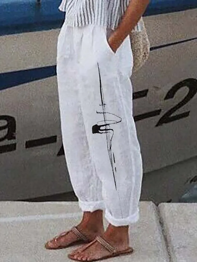 Women's Linen Pants Chinos Pants Trousers Full Length Faux Linen Side Pockets Baggy Micro-elastic Mid Waist Fashion Designer Casual Weekend White / Black White S M Summer Spring &  Fall