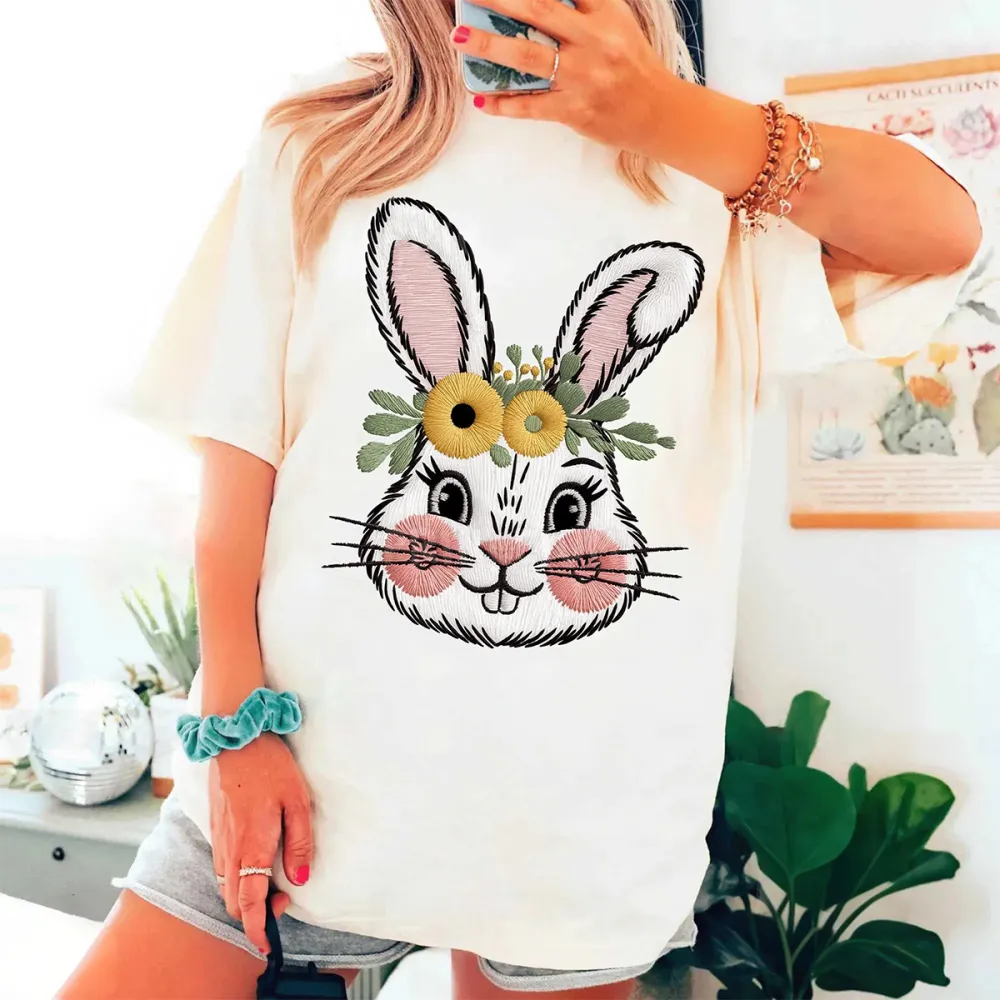 Easter Floral Bunny Printed Round Neck Short Sleeve T-Shirt