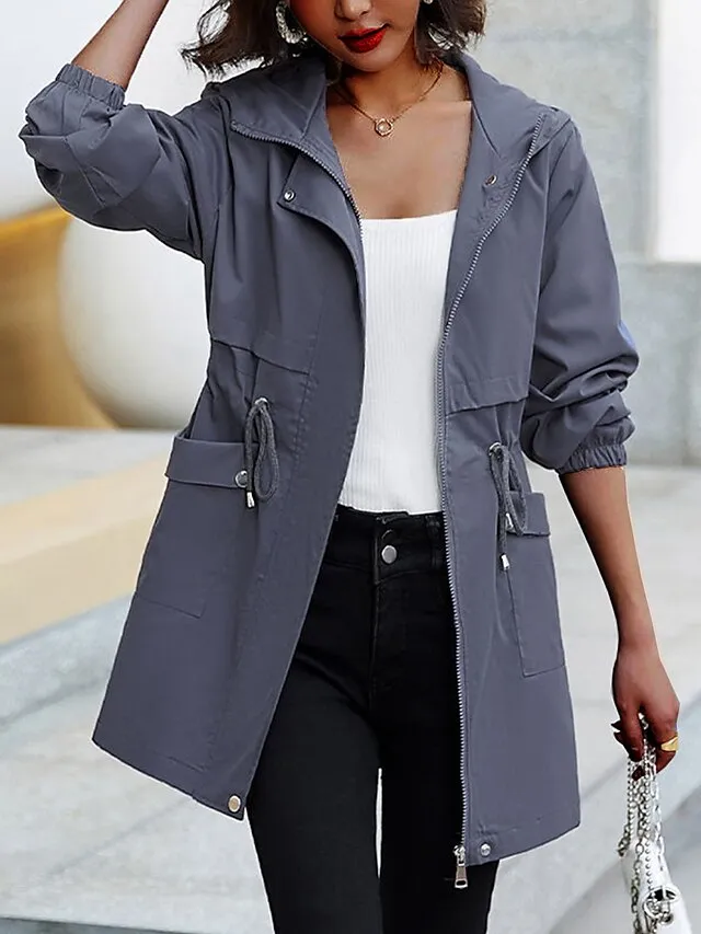 Women's Trench Coat Fall Outdoor Zipper Plain Breathable Streetwear Regular Fit Outerwear Long Sleeve Black M