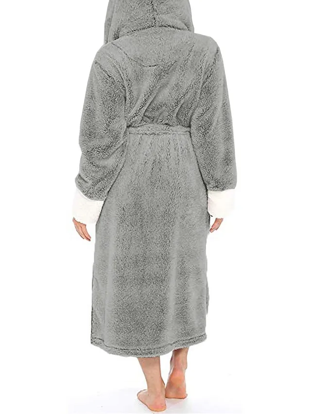 Women's Pajamas Bathrobe Robes Gown Pure Color Warm Plush Comfort Home Daily Bed Polyester Breathable Hoodie Long Sleeve Pocket Fall Winter Red Lavender