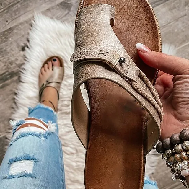 Women's Sandals Orthopedic Sandals Bunion Sandals Plus Size Daily Beach Summer Buckle Flat Heel Casual Faux Leather Loafer Solid Colored Black Brown Gray