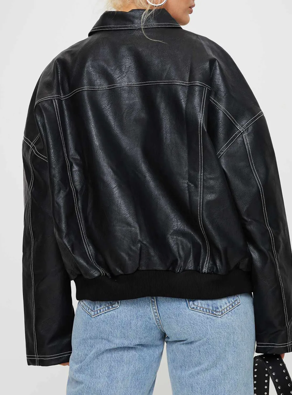 Contrast Stitch Pu Biker Jacket