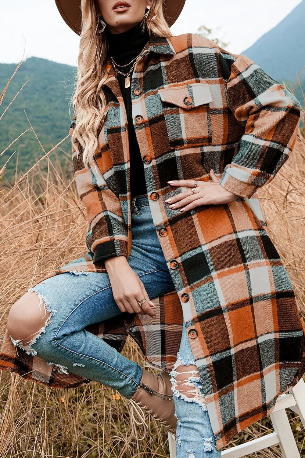 Plaid Print Long Shirt Jacket