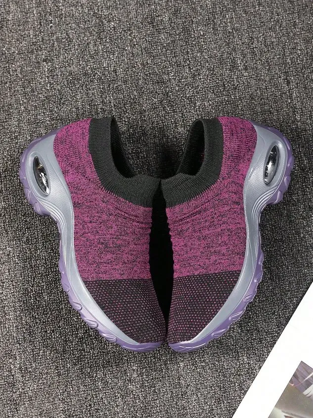 Sports Color Block Breathable Slip On Block Heel Fly Woven Shoes