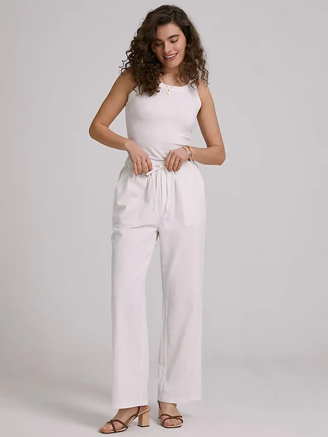 Women's Bootcut Culottes Wide Leg Chinos Cotton Faux Linen Solid Colored Baggy Mid Waist Lightweight Basic Wedding Daily Black White S M Spring &  Fall