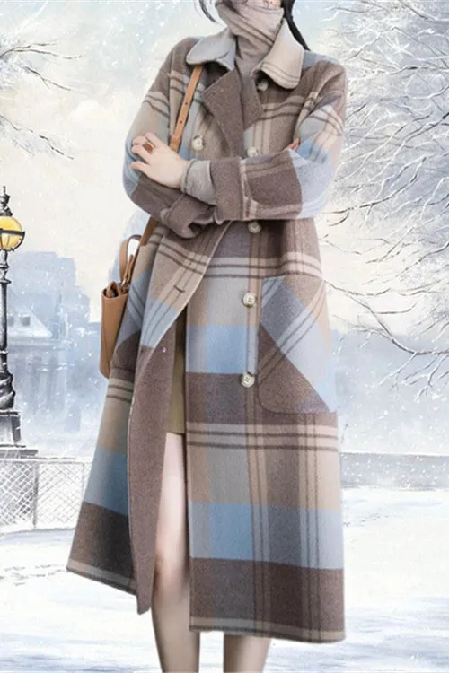 Double Breasted Plaid Long Coat