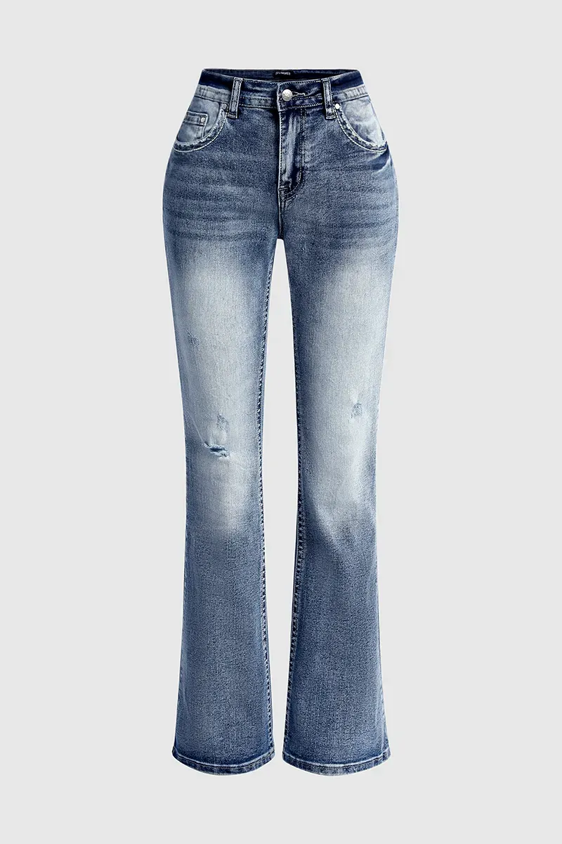 Washed Embroidery Flap Pocket Mid Waist Bootcut Jeans