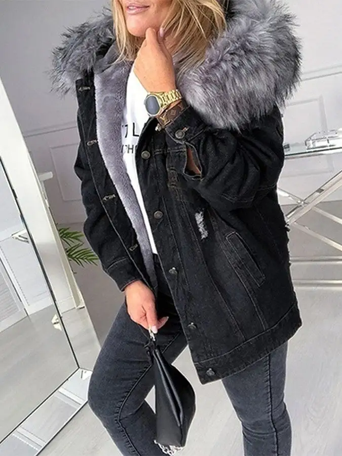 Women'S Big Fur Collar Denim Jacket Fashion Casual Jacket