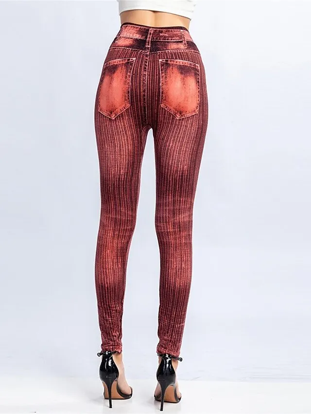 Women's Jeans Skinny Bell Bottom Ankle-Length Faux Denim Print High Elasticity High Waist Tights Casual / Sporty Casual Weekend Black Red S M