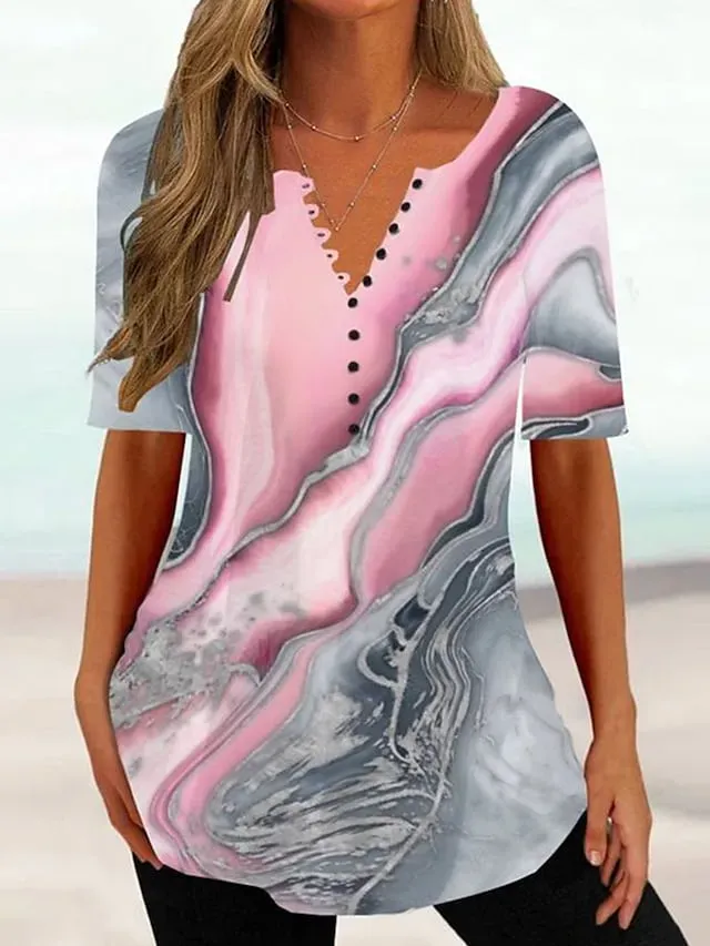 Women's T shirt Tee Black Pink Gray Graphic Floral Button Print Short Sleeve Casual Basic V Neck Regular Floral S