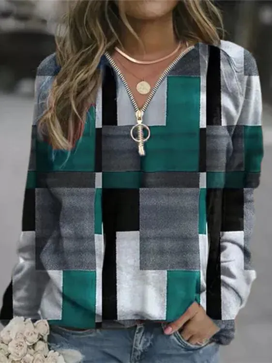Women Long Sleeve V-neck Geometric Colorblock Top