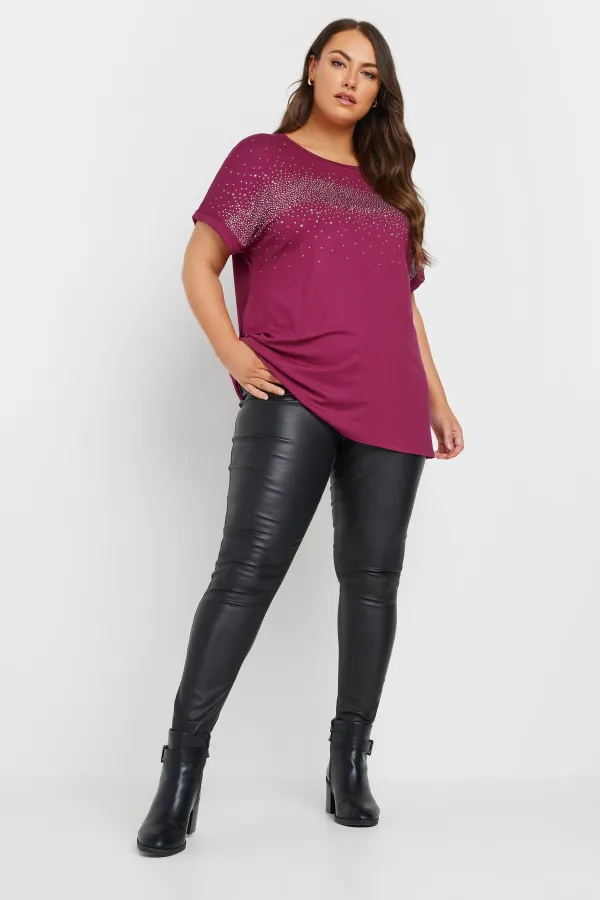 YOURS Curve Burgundy Red Diamante Detail T-Shirt