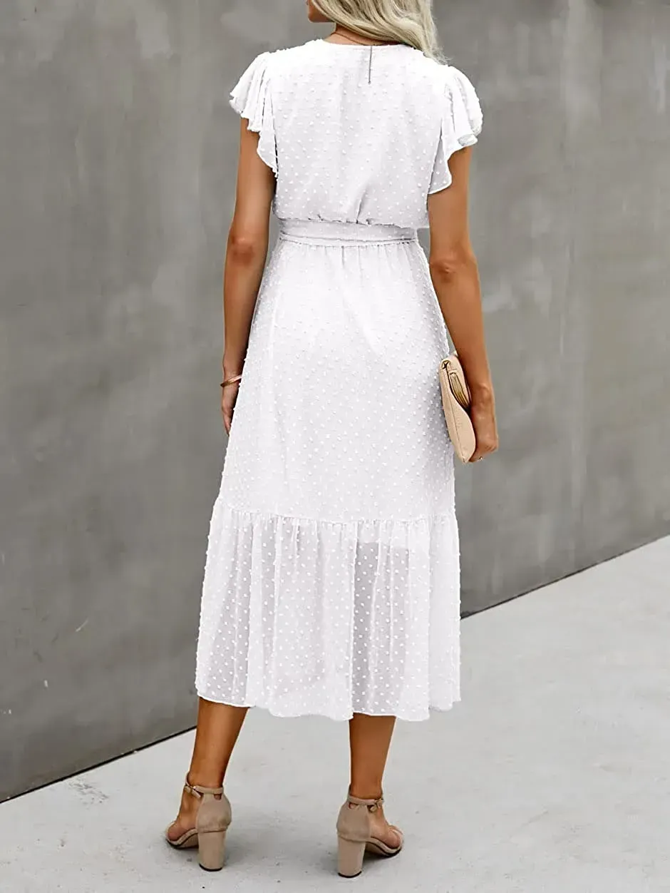 Women Summer Bohemian Floral Casual Wrap V Neck Ruffle Cap Sleeveless Belt A-Line Pleated Hem Swing Midi Sun Dress