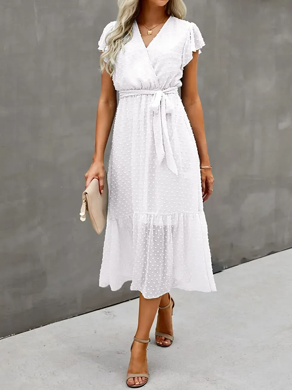 Women Summer Bohemian Floral Casual Wrap V Neck Ruffle Cap Sleeveless Belt A-Line Pleated Hem Swing Midi Sun Dress