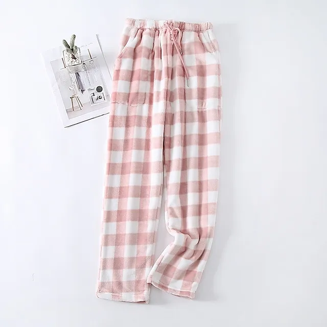 Women's Christmas Pajamas Winter Pants Nighty Pjs Grid / Plaid Fashion Simple Comfort Party Xmas Home Bed Flannel Warm Breathable Long Pant Elastic Waist Winter Fall Blue Pink / Sweet / Gift / Print