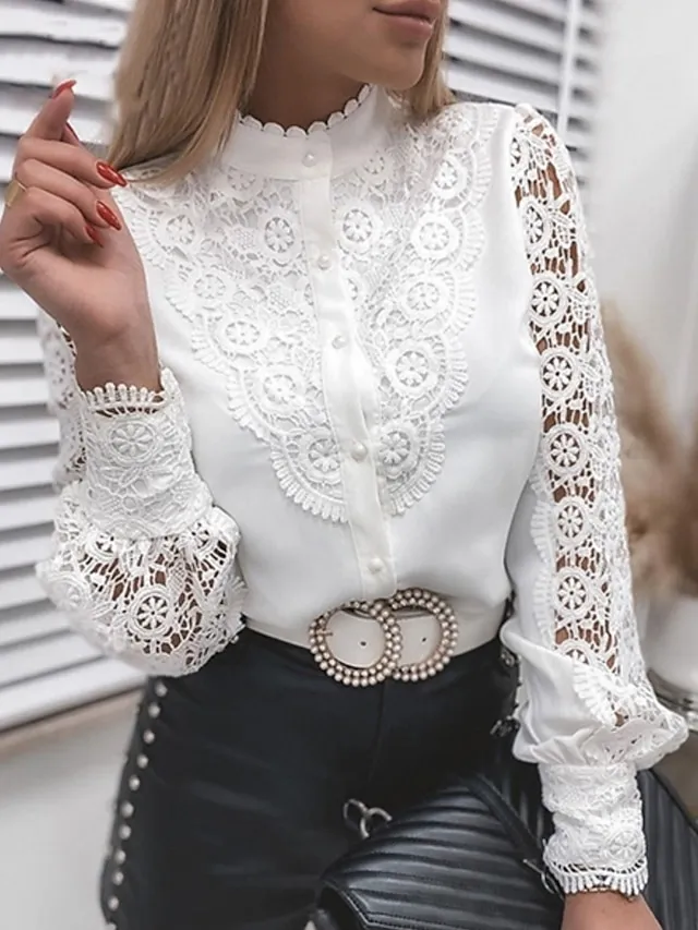 Women's Shirt Blouse Eyelet top White Eyelet Tops Picture color 1 Picture color 2 Picture color 3 Plain Lace Cut Out Long Sleeve Casual Daily Elegant Round Neck Regular S