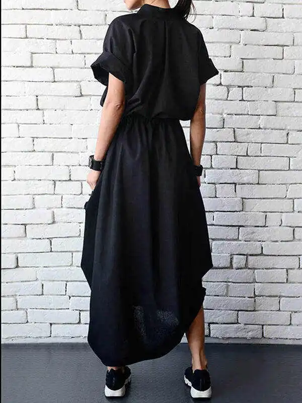 Casual Drawstring Asymmetric Stand Collar Maxi Dresses