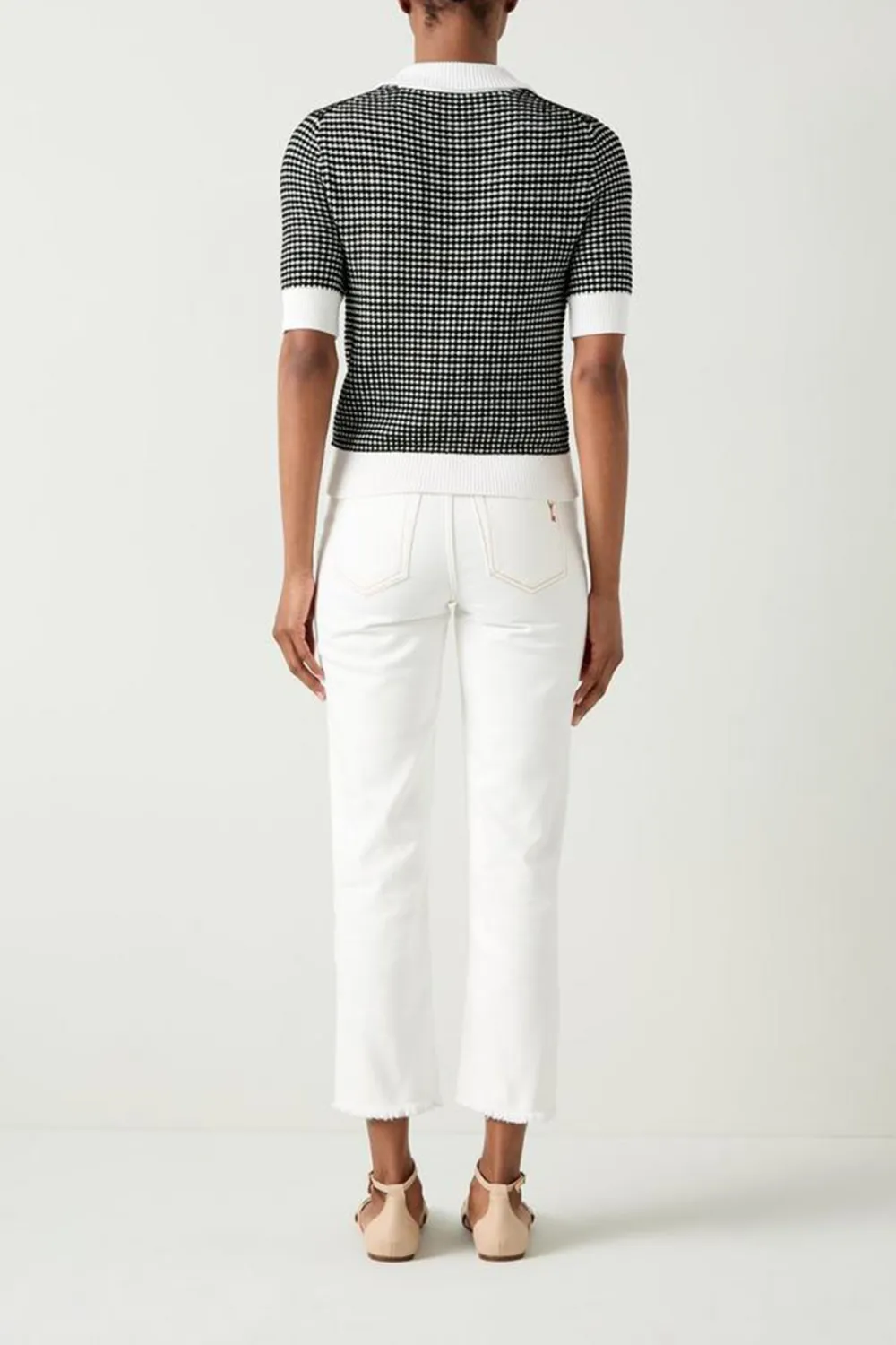 Black Cream Checkered Polo Collar Short Sleeve Knit