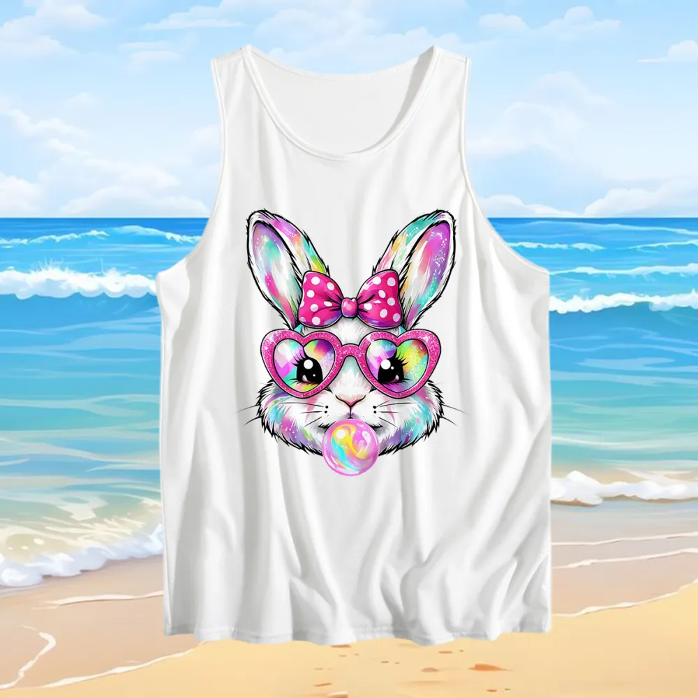 Vest Easter Bunny Wearing Heart Glasses Blowing Bubbles Women's Crew Neck Print
