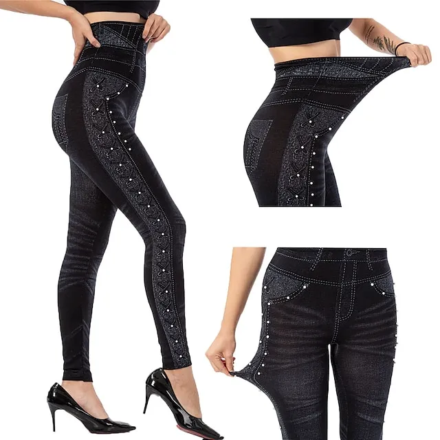 Women's Tights Leggings Jeggings Plain Tummy Control Butt Lift Ankle-Length Casual Weekend Faux Denim Fashion Skinny Black Blue High Waist High Elasticity