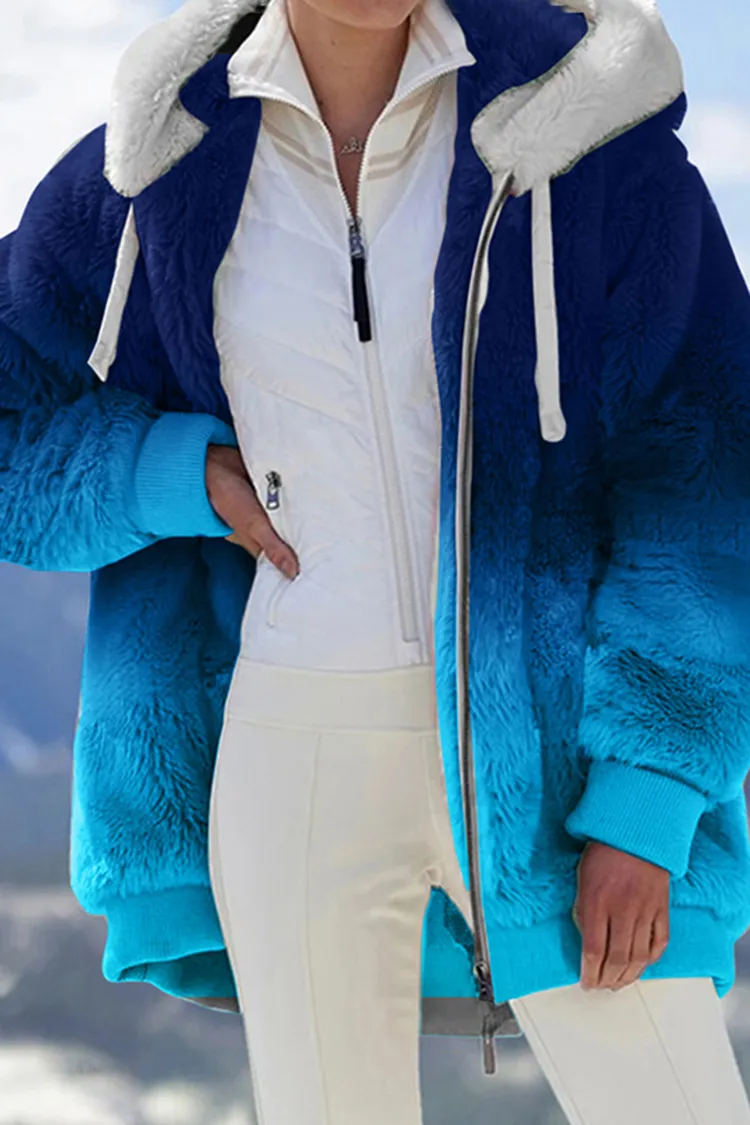 Loose Plush Gradient Zip Hooded Coat