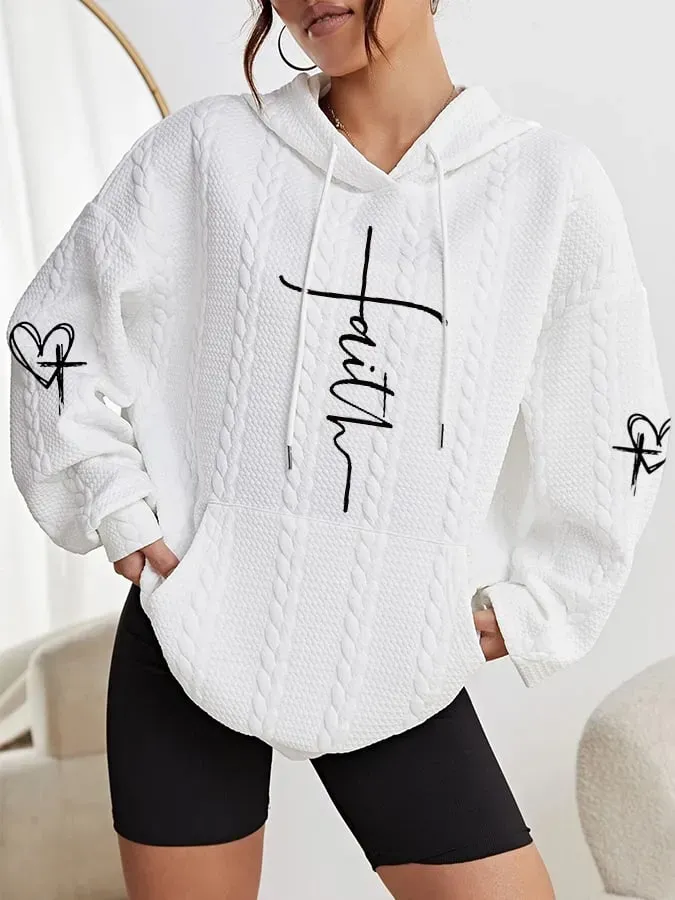 Women's Faith Love Cross Printed Casual Cable Hoodie