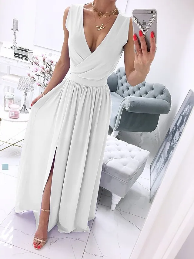 Women's Party Dress Holiday Dress Swing Dress Long Dress Maxi Dress Leather Pink White Light Green Sleeveless Pure Color Split Spring Summer V Neck Vacation Party Wedding Guest Date 2023 S M L XL 2XL