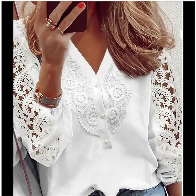 Women's Lace Shirt Shirt Blouse White Eyelet Tops Floral Graphic Butterfly Work Casual White Lace Button Cut Out Long Sleeve Elegant Vintage Fashion V Neck Spring Fall