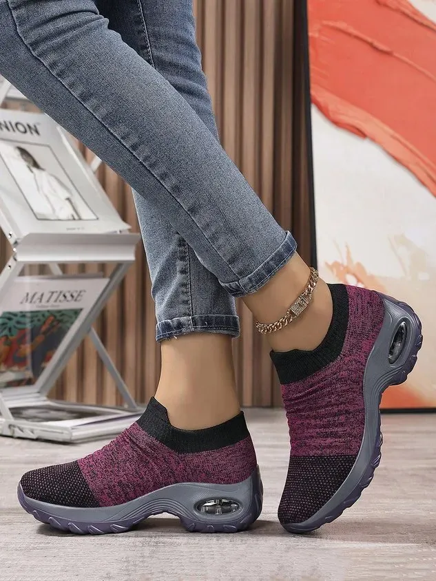 Sports Color Block Breathable Slip On Block Heel Fly Woven Shoes