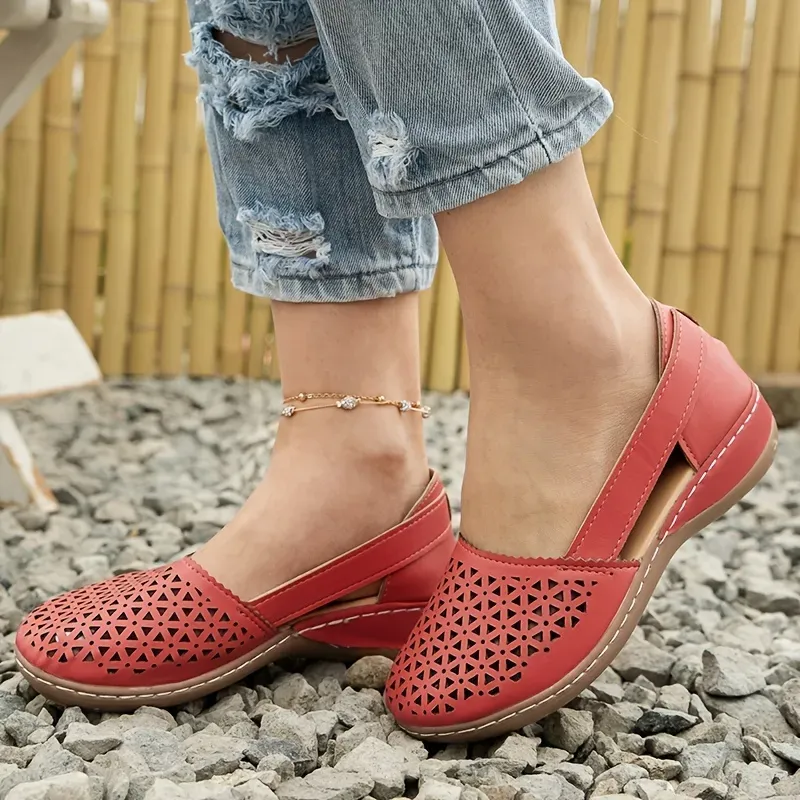 Women's Hollow Out Flat Sandals, Solid Color Cut-out Closed Toe Slip On Shoes, Casual Faux Leather Shoes