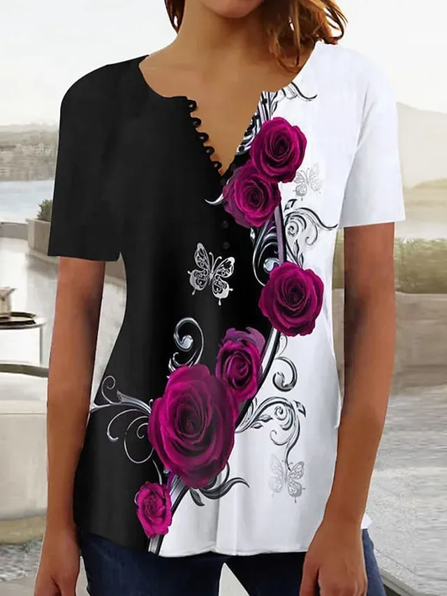 Women's T shirt Tee Black Pink Gray Graphic Floral Button Print Short Sleeve Casual Basic V Neck Regular Floral S
