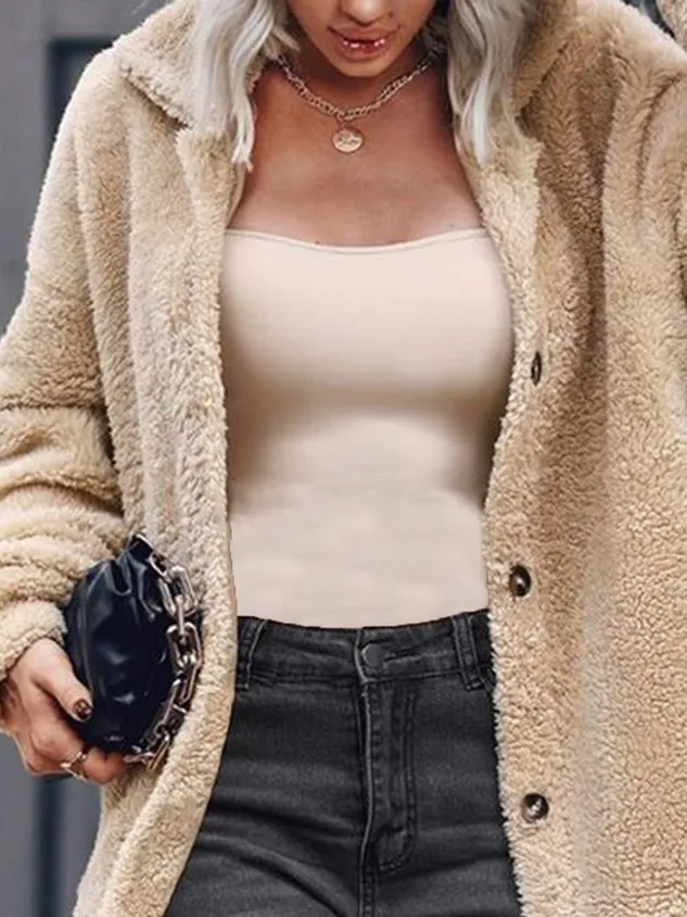 Casual Fluff/Granular Fleece Fabric Shawl Collar Teddy Jacket