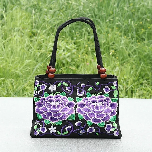 Women's Handbag Canvas Outdoor Holiday Embroidery Large Capacity Breathable Lightweight Folk Dark Red Black / Red Blue peacock