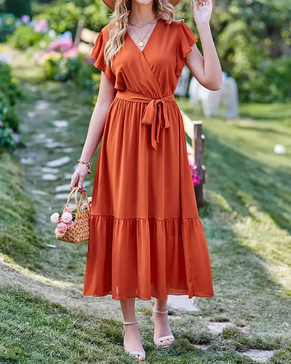 Women Summer Bohemian Floral Casual Wrap V Neck Ruffle Cap Sleeveless Belt A-Line Pleated Hem Swing Midi Sun Dress