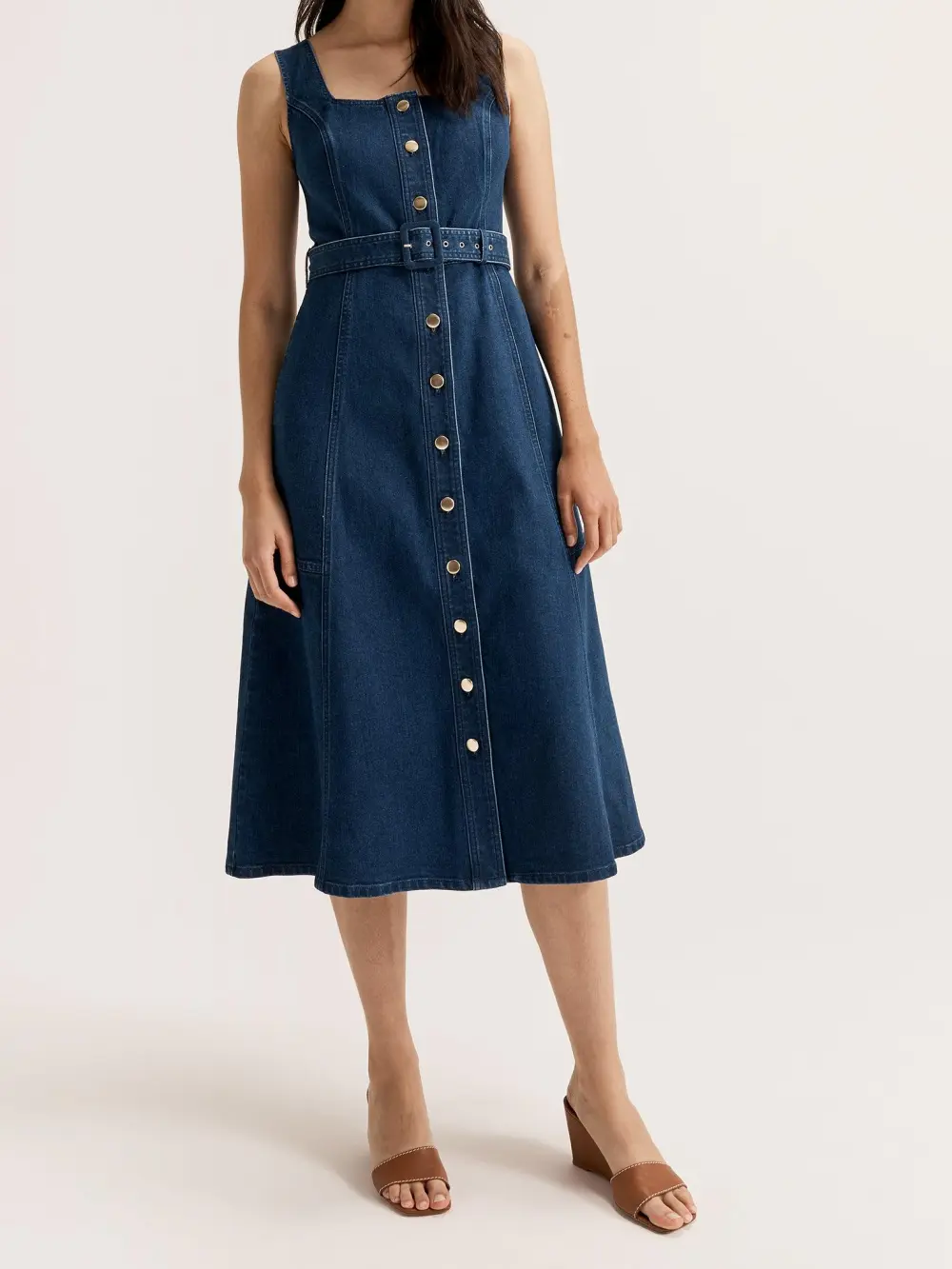 Square Neck Denim Midi Dresses