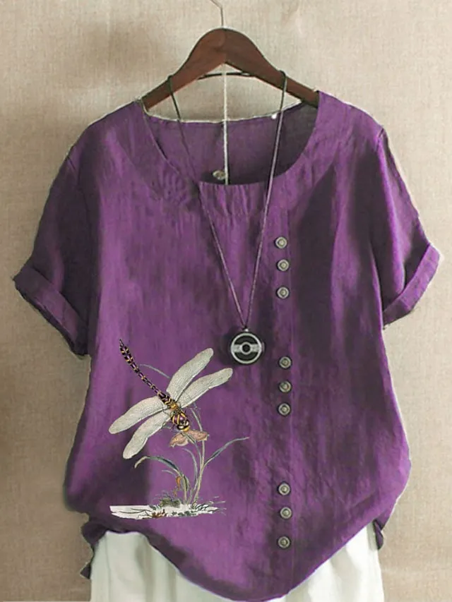 Women's Linen Shirt T shirt Tee Blouse White Pink Blue Floral Button Print Short Sleeve Daily Going out Weekend Streetwear Crewneck Regular Fit Summer Spring