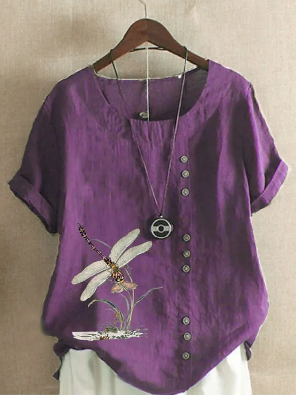 Women's Linen Shirt T shirt Tee Blouse White Pink Blue Floral Button Print Short Sleeve Daily Going out Weekend Streetwear Crewneck Regular Fit Summer Spring