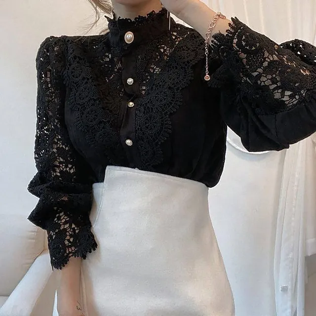 Women's Blouse Solid Colored Black White Apricot Hole Daily Fashion Elegant & Luxurious Elegant Shirt Collar Regular Fit Spring Fall Winter