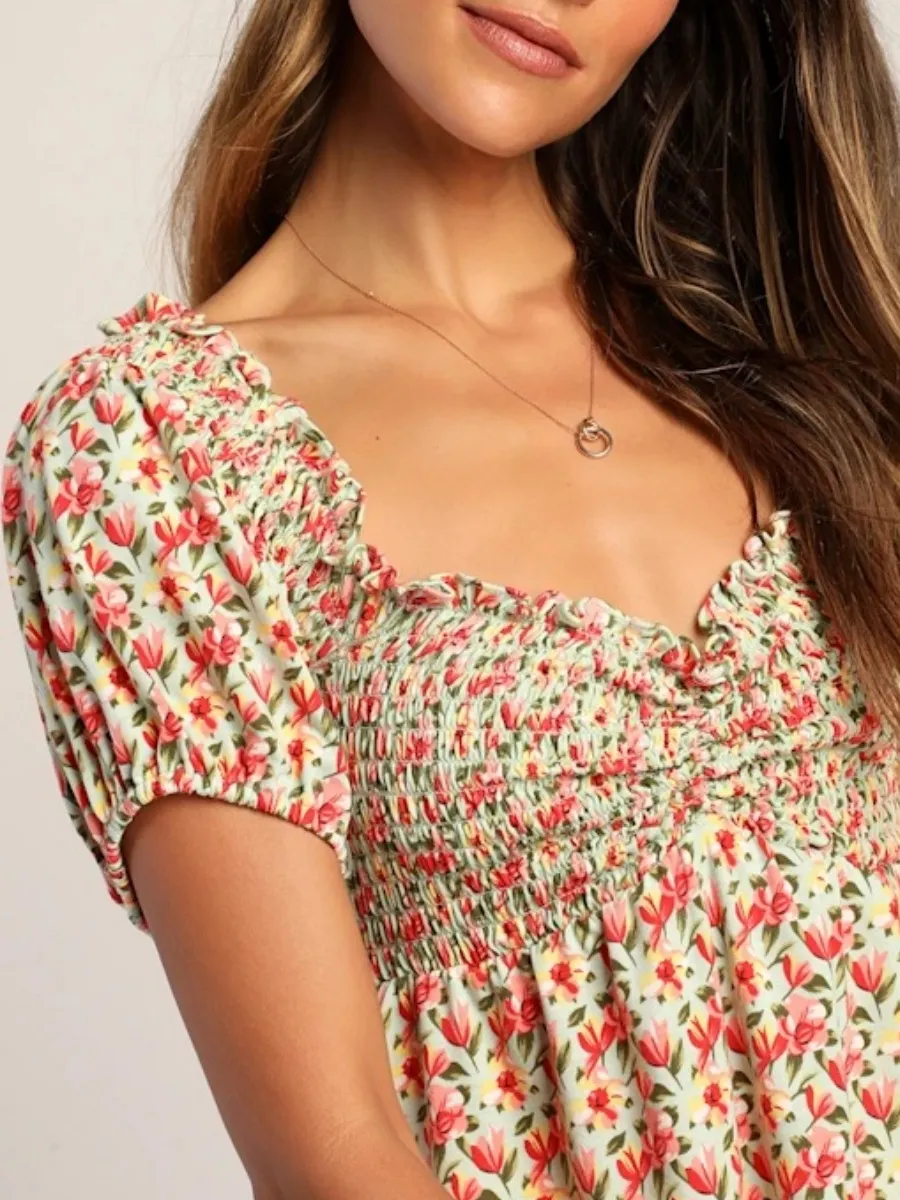 Smocked Floral Short Sleeve Blouse