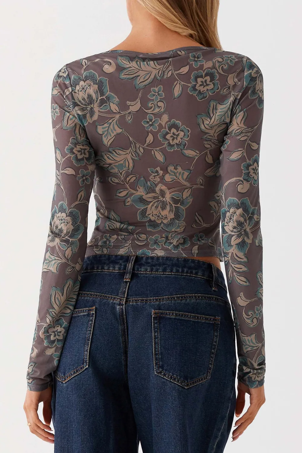 Long Sleeve Mesh Top - Brown Floral